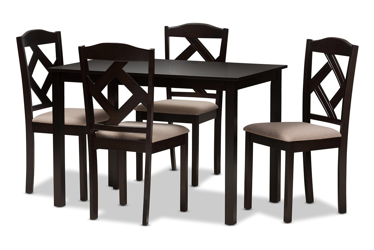 Ruth Dining Set and Dining Set Beige Fabric Upholstered and Dark Brown Finished 5-Piece