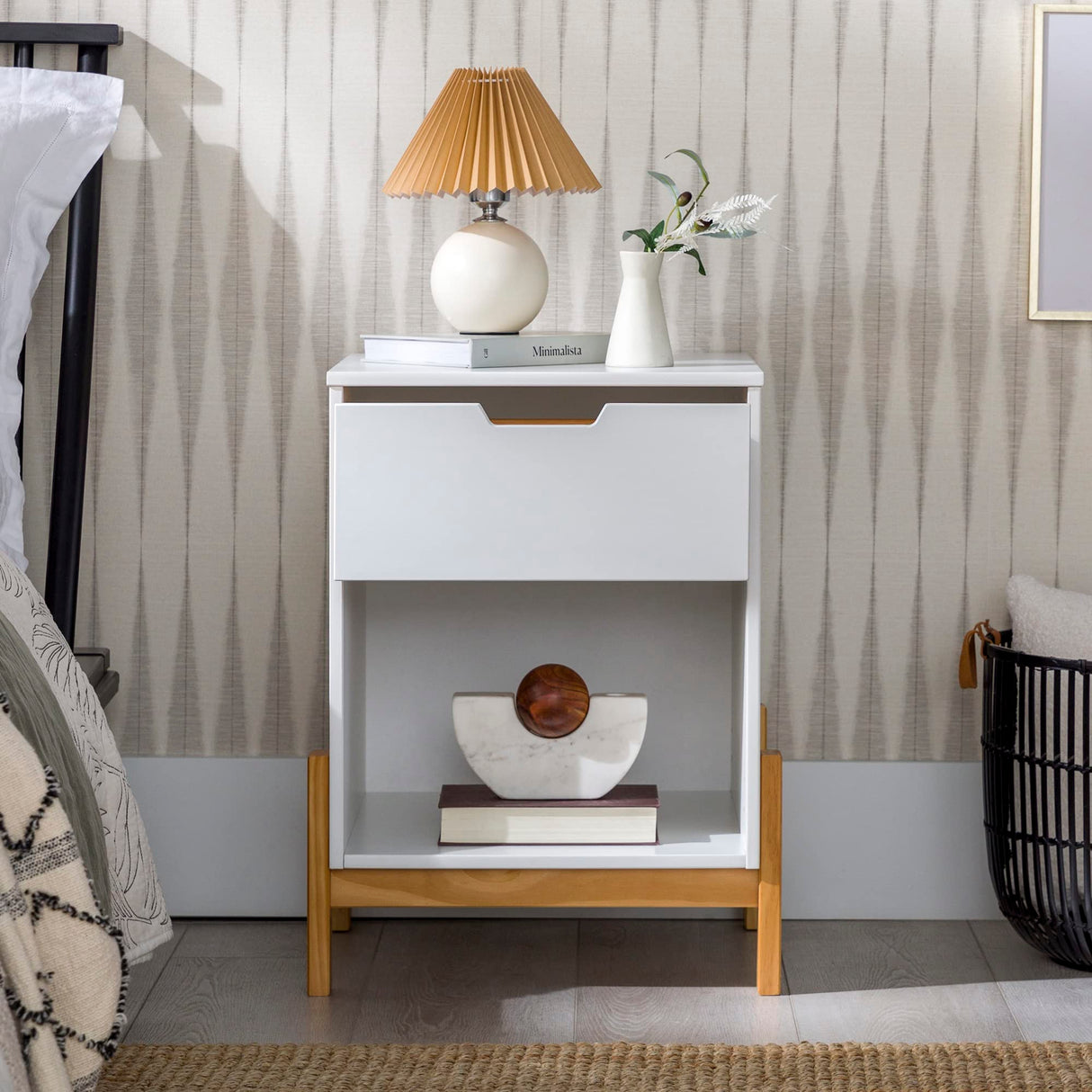 Freja Scandi Minimalist 1-Drawer Solid Wood Nightstand, 16 Inch, White