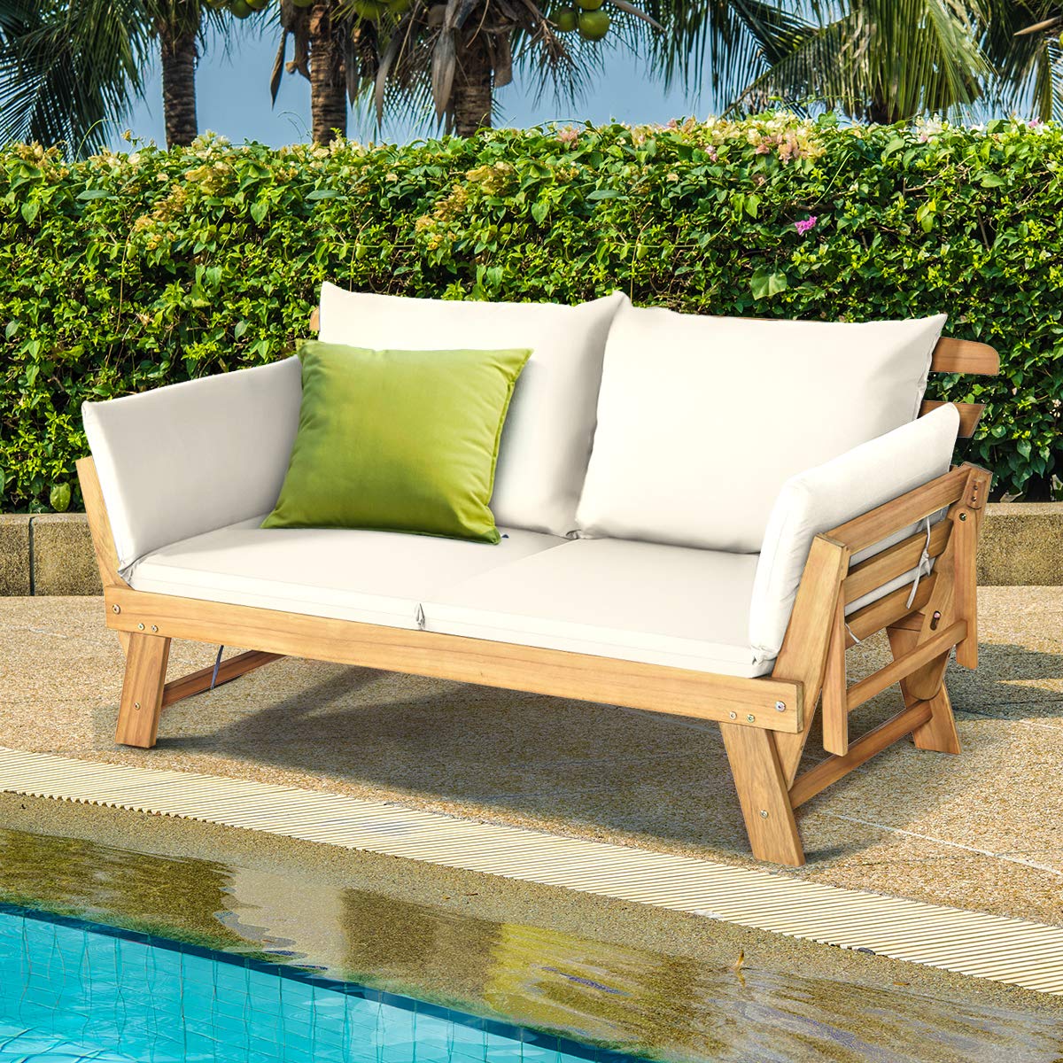 Acacia Wood Patio Convertible Couch Sofa Bed with Adjustable Armrest