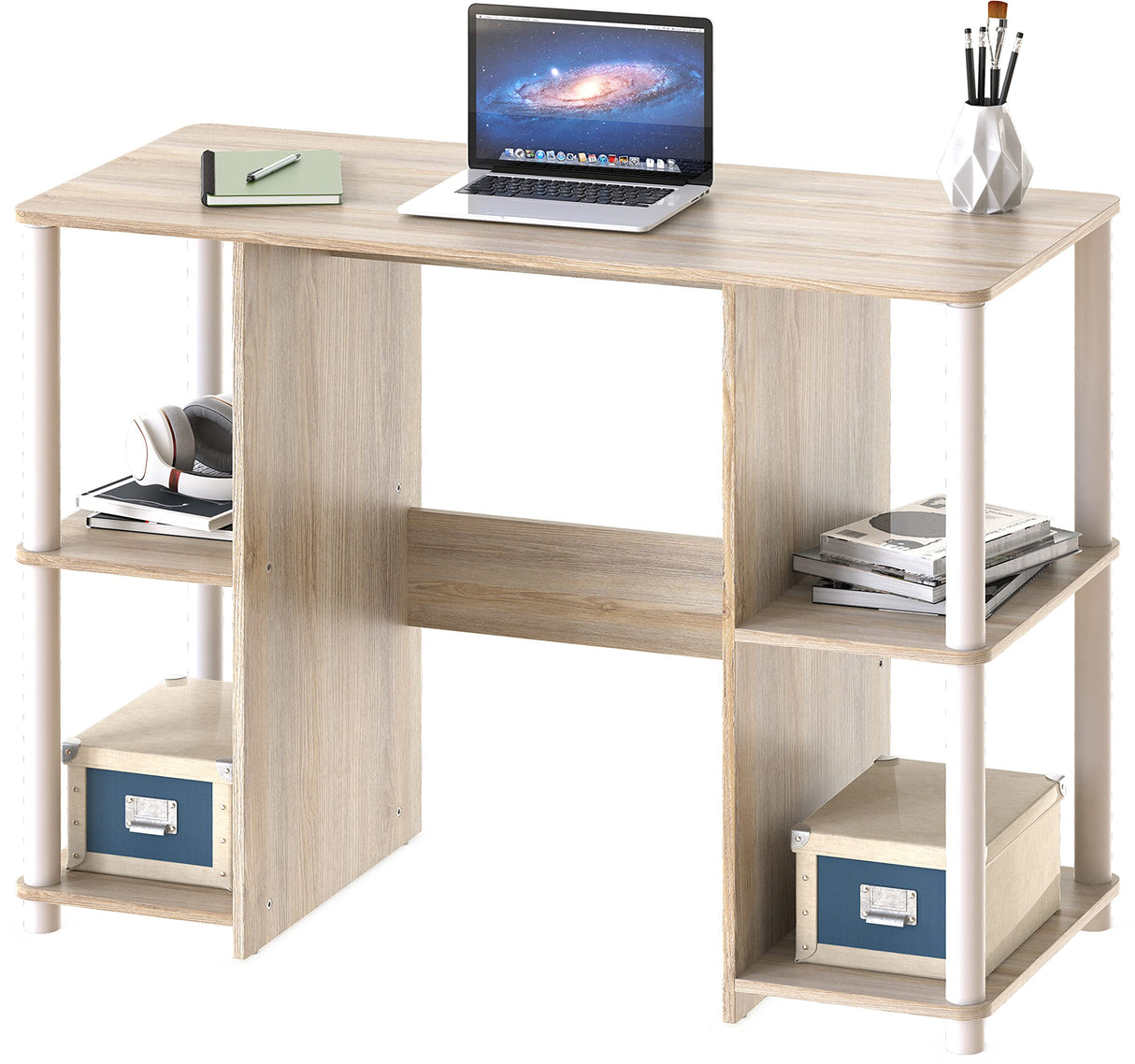 Home Office Wood Desk with Double Sided Shelves, Oak