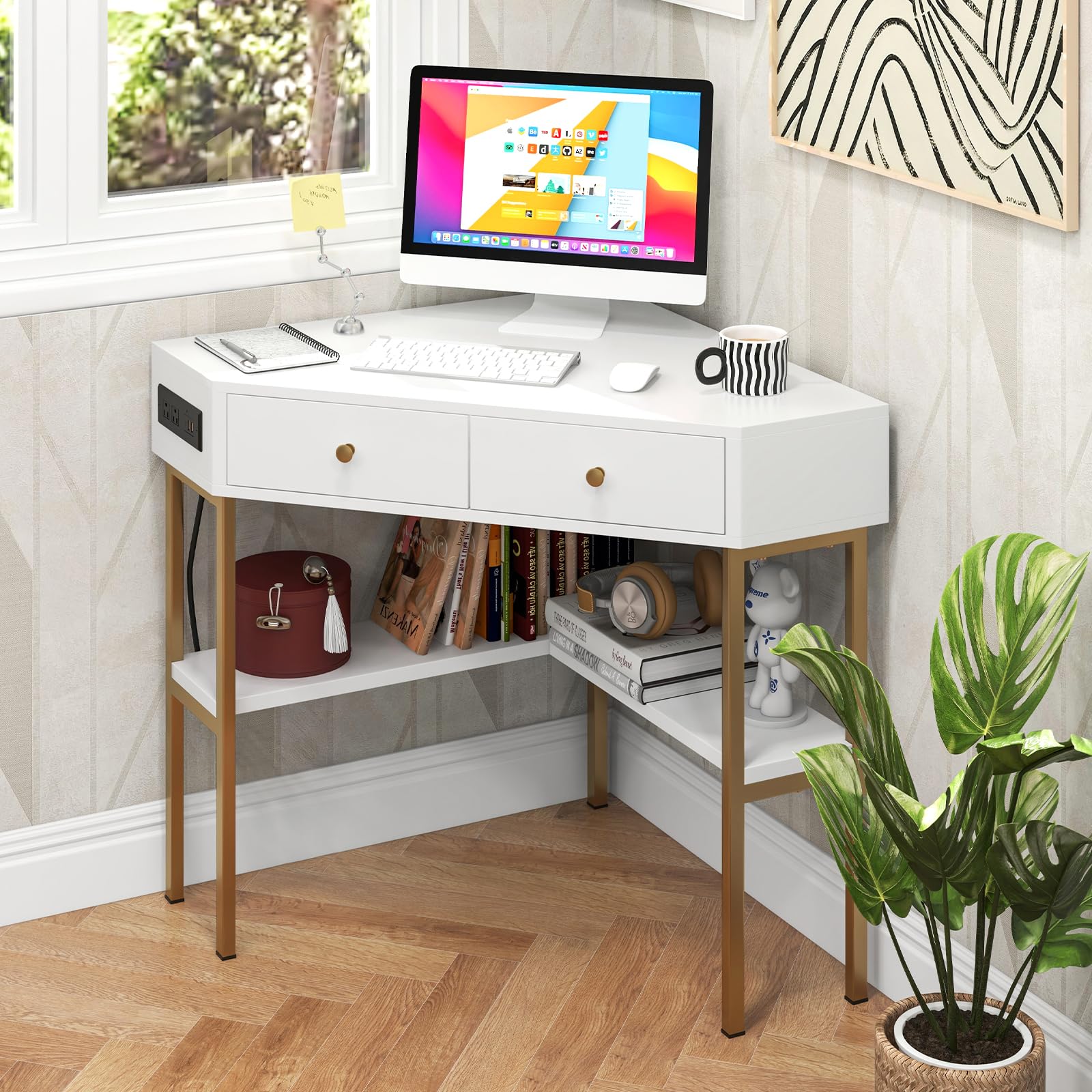 White Corner Desk with 2 Drawers & Built-in Charging Station, 90 Degrees Triangle