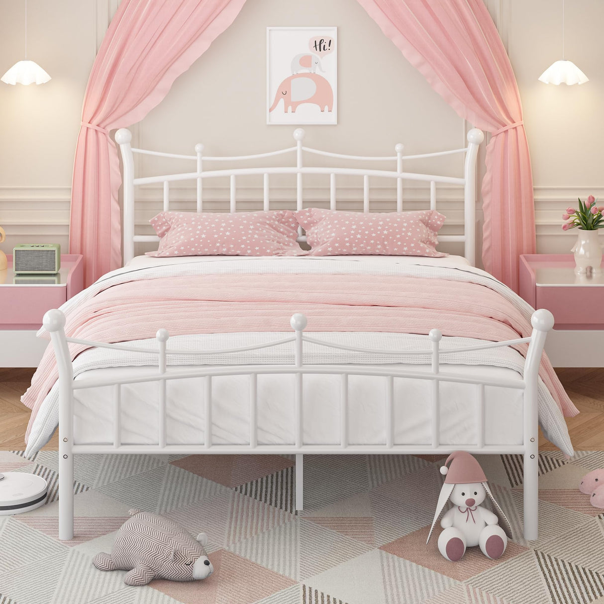 Full Size Bed Frame with Crown-Shaped Headboard, Princess Bed for Kids/Girls, Heavy Duty Metal Platform Bed with Iron-Art Headboard and Footboard, No Box Spring Needed, Easy Assembly, White