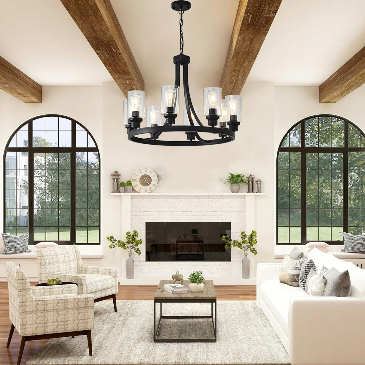 LOFTPLUS Farmhouse Chandelier Black Dining Room Light Fixture 8-Light Ceiling Hanging Rustic Wagon Wheel Chandeliers for Living Room Bedroom Foyer Porch Kitchen Island