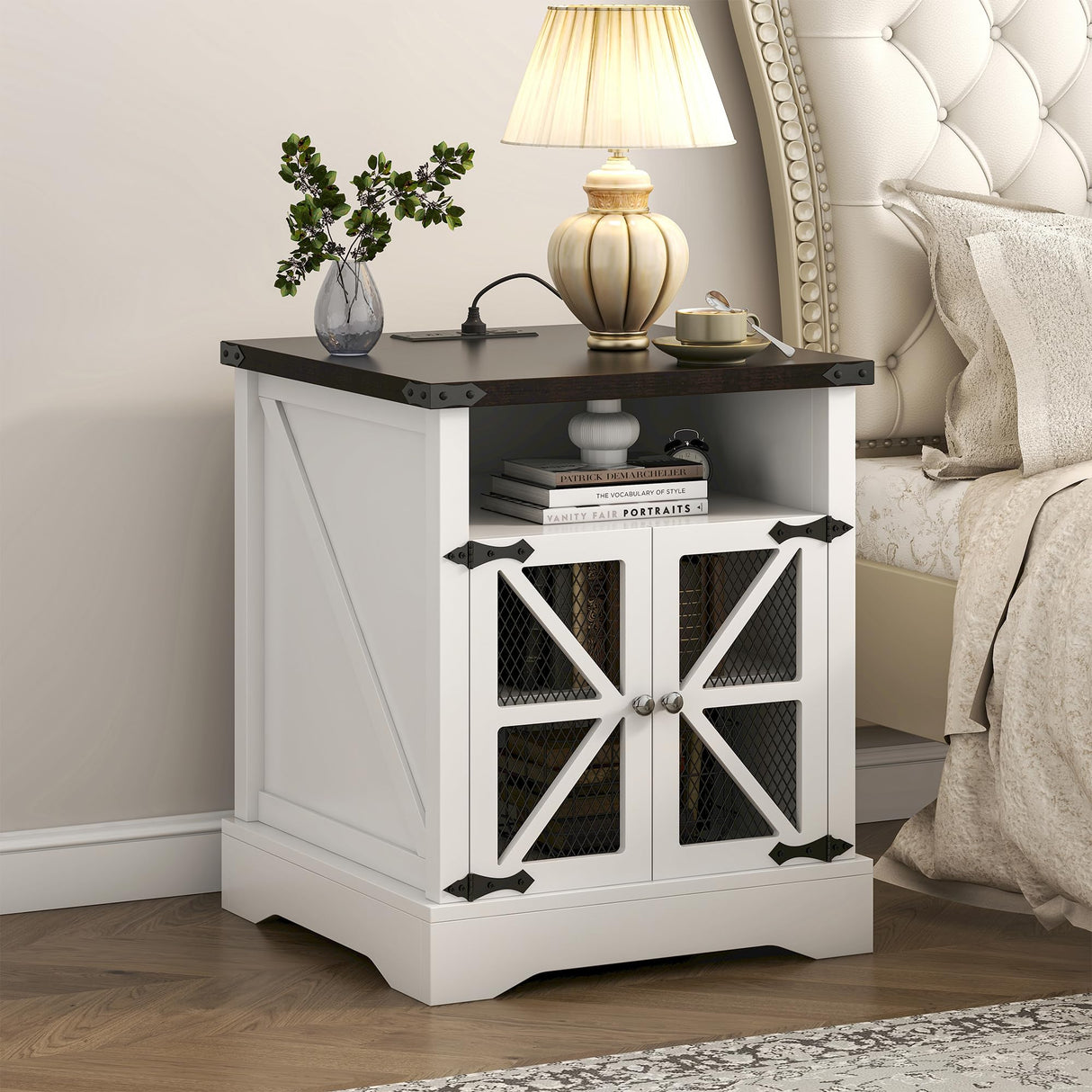 Farmhouse Nightstand with Charging Station, Large Sofa Side Table, Wood Square