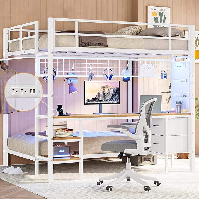 Twin Bunk Bed with Desk and Charging Station Metal Full Size Over Twin Loft Bed with Led Lights & Storage