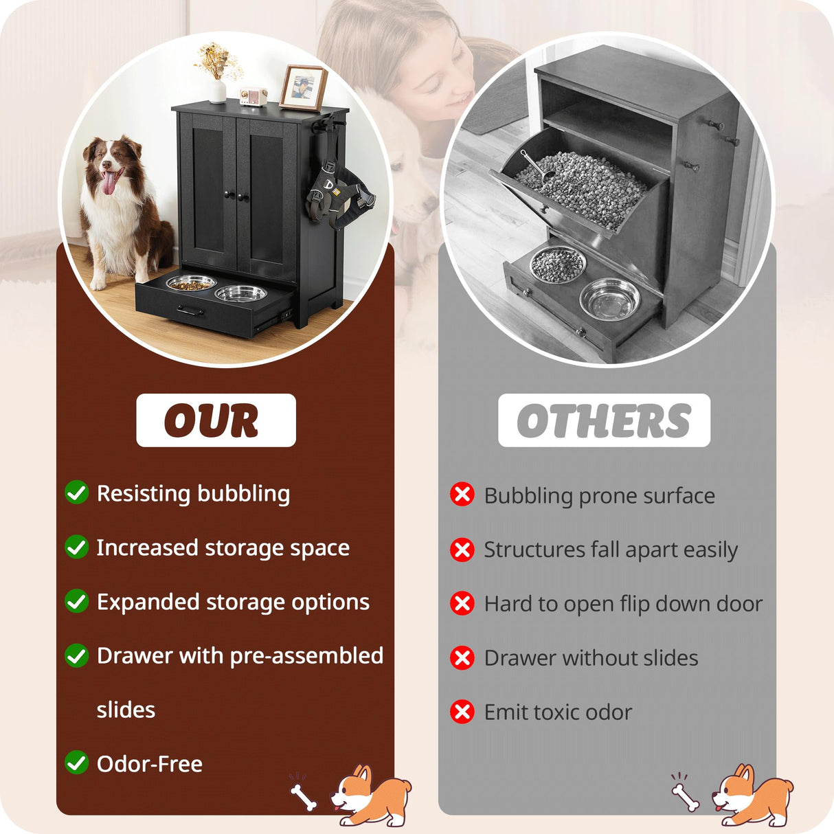 Dog Feeding Station with Storage Cabinet and 2 Elevated Bowls - Black