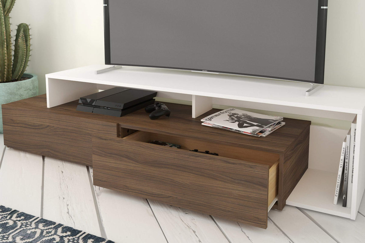 Tonik, Walnut & White 72-inch TV Stand, Walnut Melamine and White Melamine,