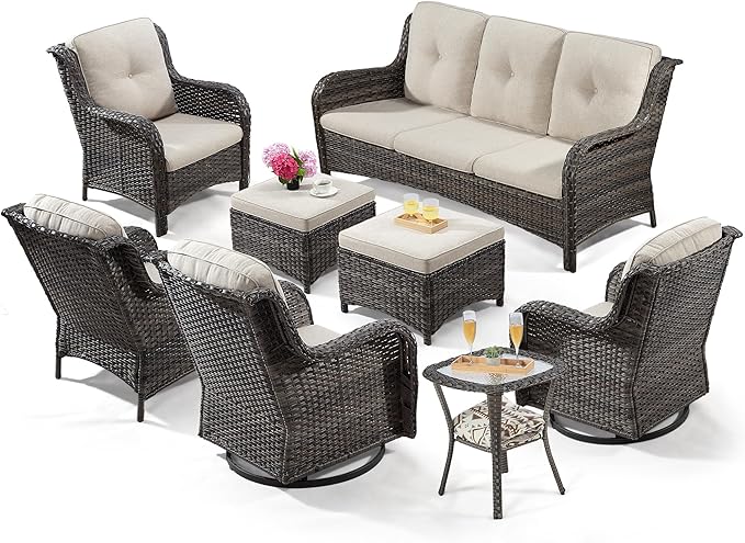 5 Piece Outdoor Patio Furniture Set Wicker Conversation Bistro Set Swivel Rocking Chairs with Side Table and Ottomans for Backyard, Porch, Deck(Mixed Grey/Orange)