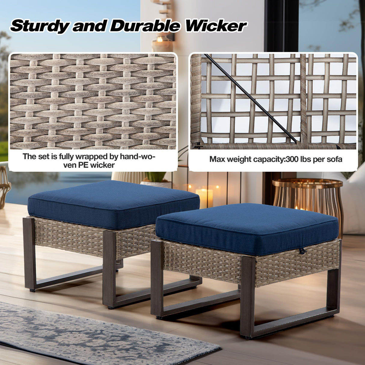 Outdoor Patio, All-Weather PE Rattan Ottomans Footstools with Removable Cushions