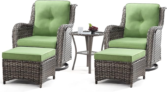 5 Piece Outdoor Patio Furniture Set Wicker Conversation Bistro Set Swivel Rocking Chairs with Side Table and Ottomans for Backyard, Porch, Deck(Mixed Grey/Orange)