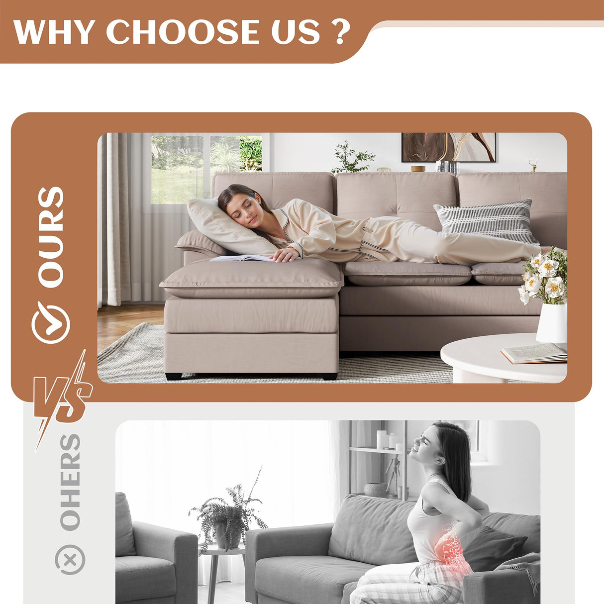 Vongrasig Sectional Couches for Living Room, Comfy Cloud Couch with Chaise 110" U-Shaped Sofa 4-seat Modular Sofa Large Sectional Couch with Ottoman for Living Room (Khaki)