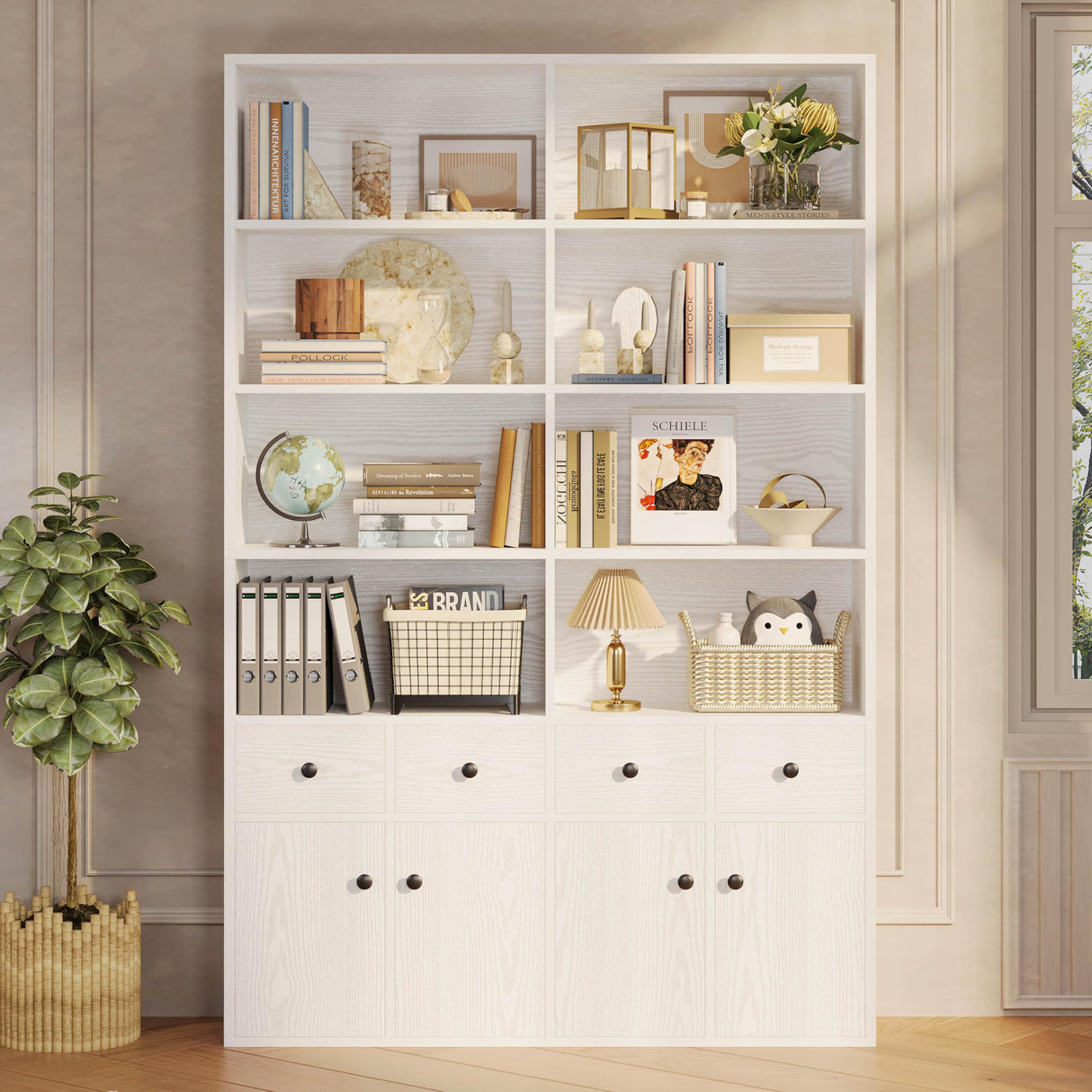 78.7" Bookcase with 4 Drawers and 4 Doors, 6 Tier Large Bookshelf with Storage