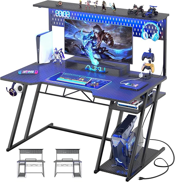 Gaming Computer Desk with Shelves and Outlets, Gaming Desk with Hutch and LED Lights