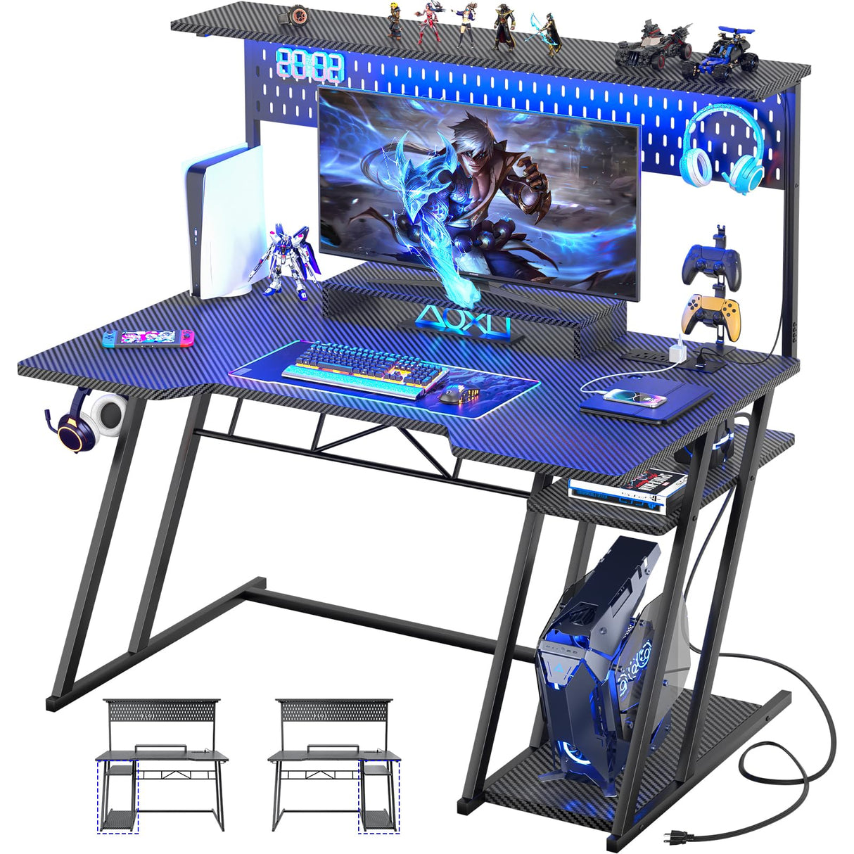 Gaming Computer Desk with Shelves and Outlets, Gaming Desk with Hutch and LED Lights
