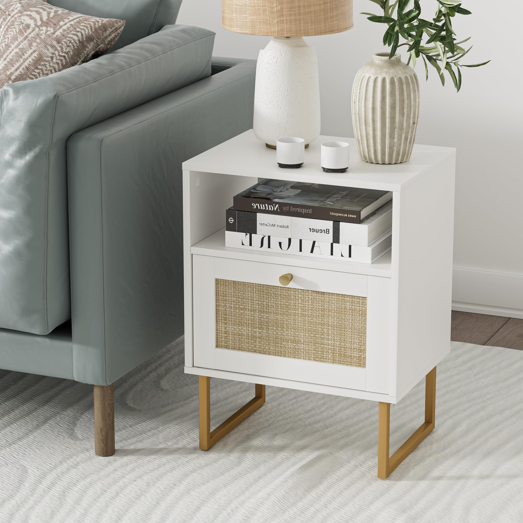 Rattan Nightstand,Modern Boho Farmhouse Wood Bedside Table