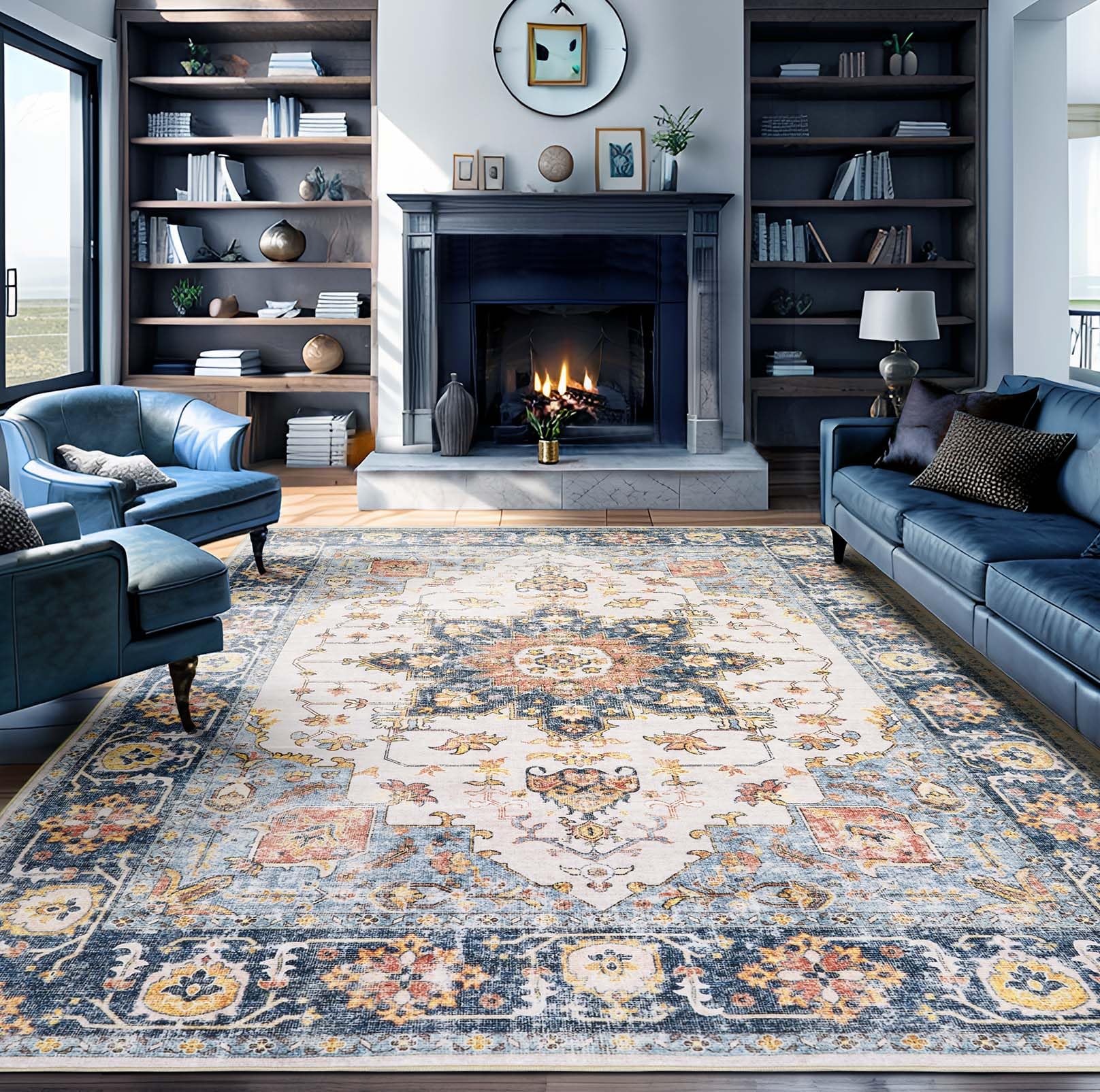 Living Room Area Rug 8x10 - Large Washable Soft Low-Pile Rugs, Traditional Oriental