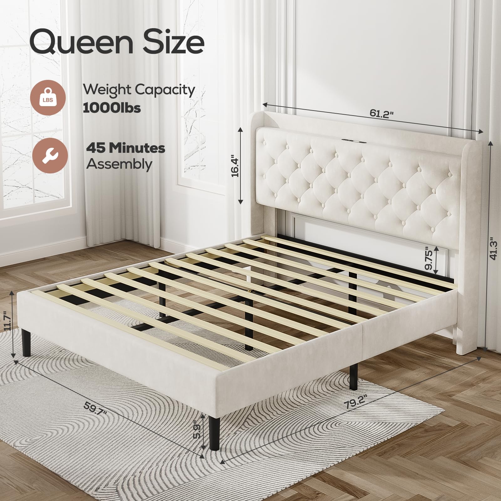 Beige Queen Bed Frame with Charging Ports & Upholstered Platform