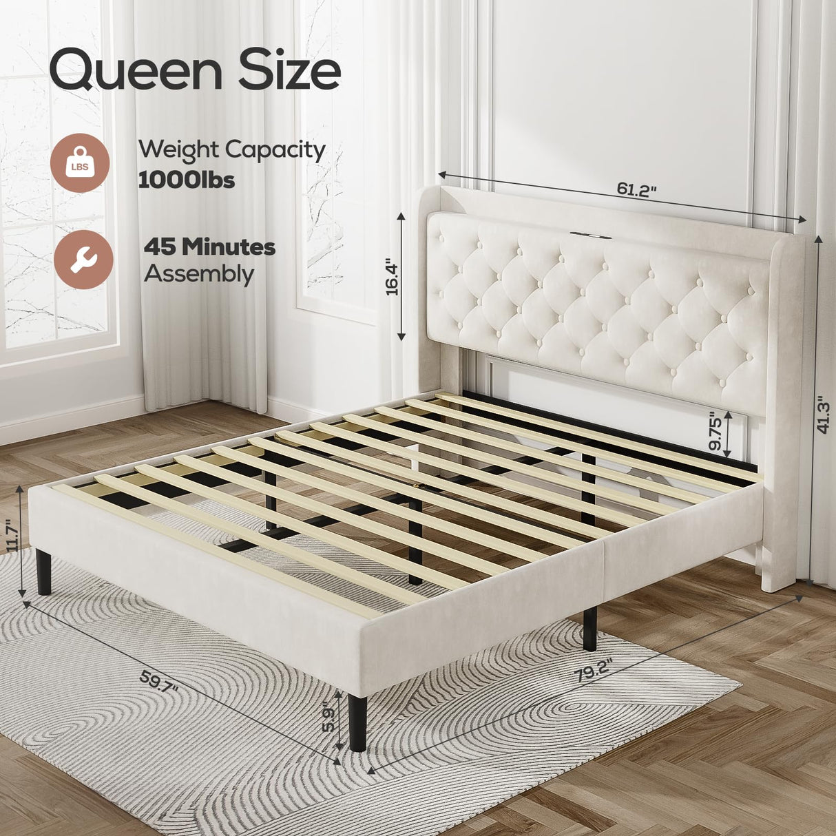 Beige Queen Bed Frame with Charging Ports & Upholstered Platform