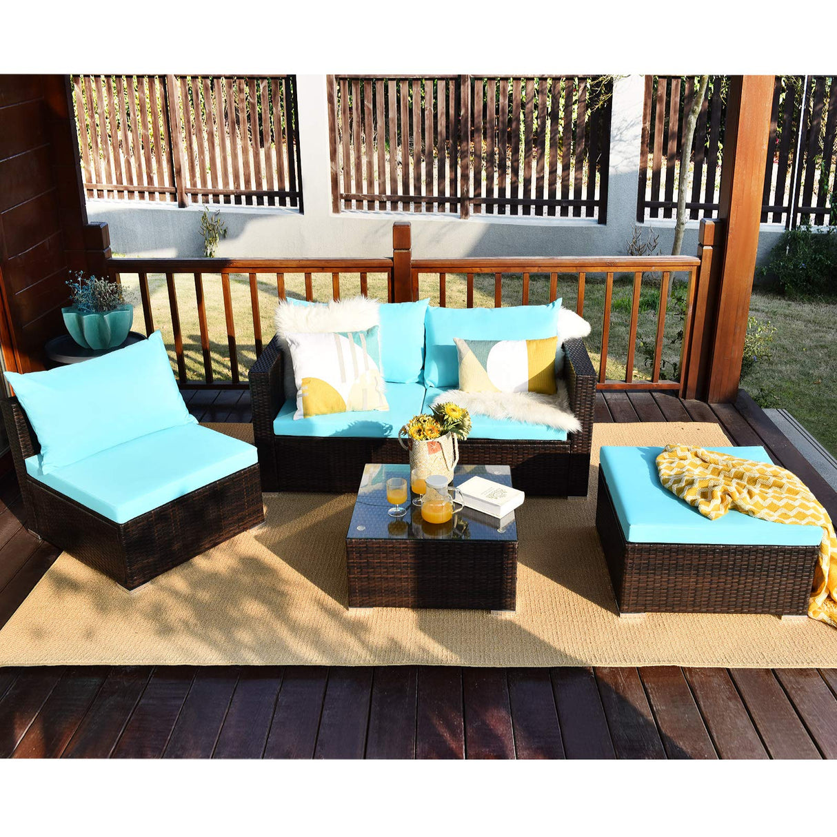 5-Piece Wicker Sectional Patio Furniture Set with Glass Coffee Table