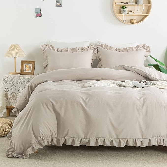 White Duvet Cover Queen(90x90Inch), 3 Pieces Ruffle Farmhouse Shabby Chic Duvet