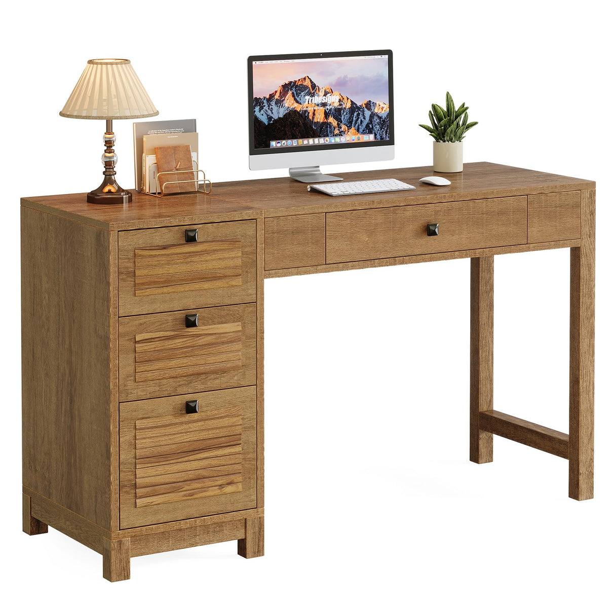 Wood Desk with 4 Drawers, Executive Desk with Storage, Home Office Desk with File