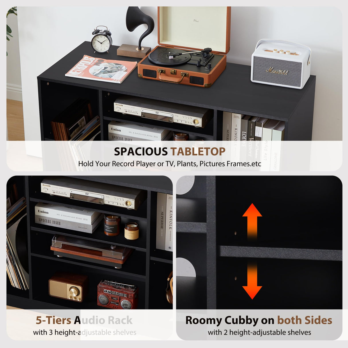 Media Cabinet, 5-Tier Shelves Media Console with 3 Hight-Adjustable Shelves