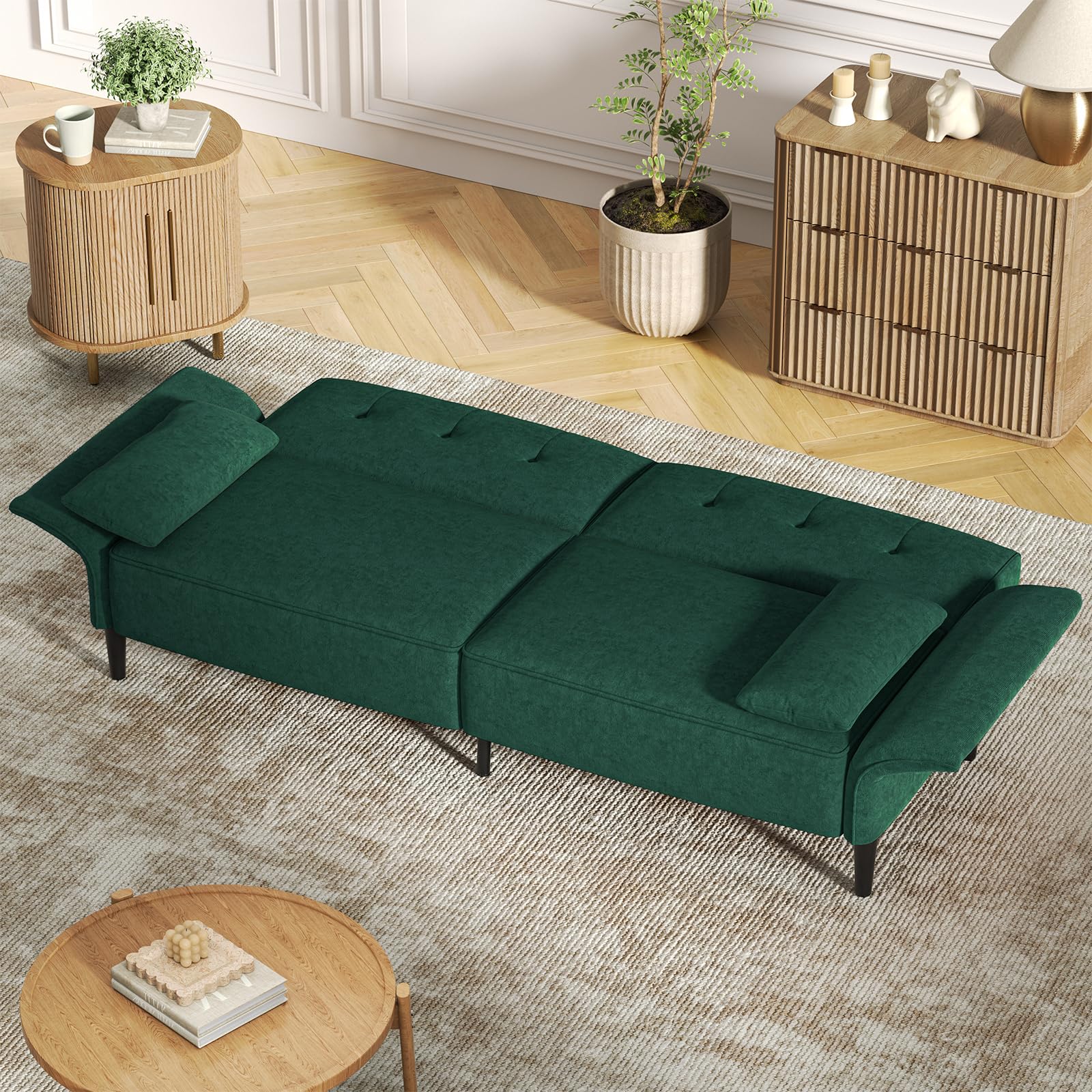 89” Futon Sofa Bed, Velvet Fabric Comfy Futon Couch Bed with 2 Square Pillows