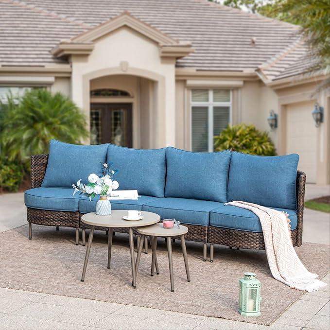 6 Piece Patio Furniture Set, L-Shaped Outdoor Sectional Wicker Patio Furniture