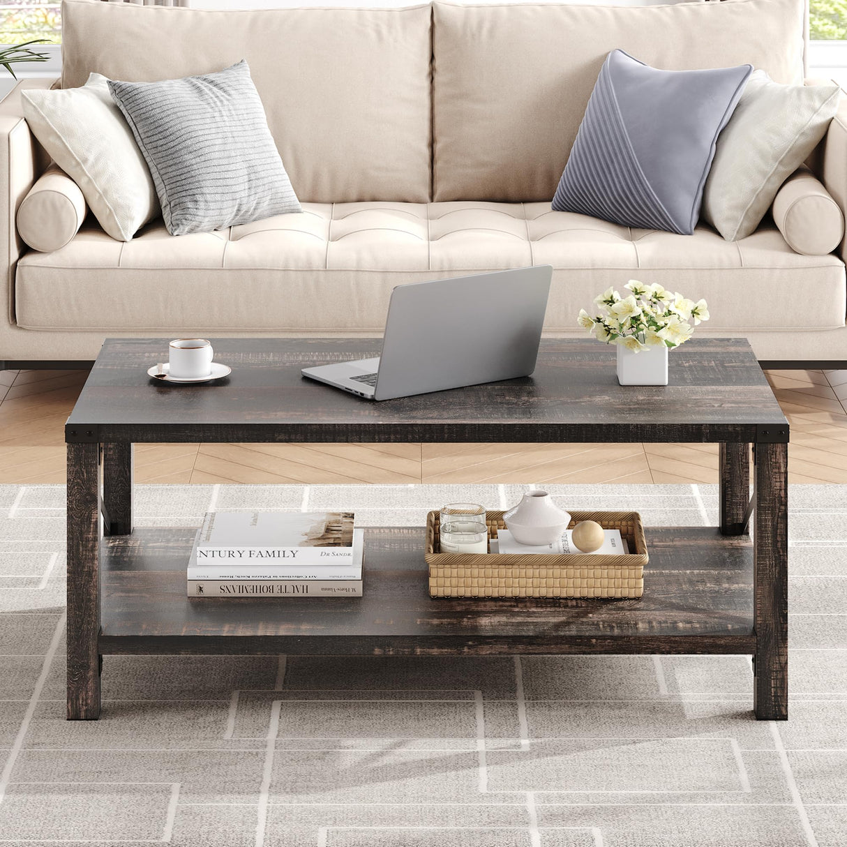 Farmhouse Coffee Table 2-Tier Rustic Center Table Living Room Rectangle Cocktail Table