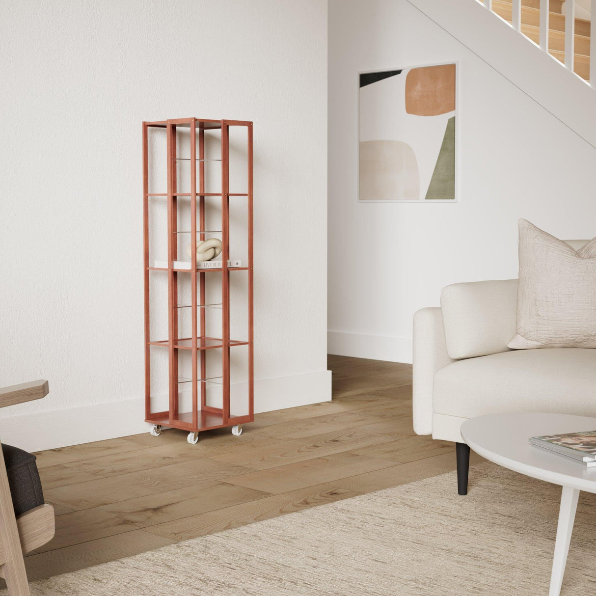 COPREE 5 Tier Rolling Bookcase, Bamboo 360 Rotating Bookshelf, Freestanding Storage Organizer Holder Book Rack with Wheels for Bedroom, Living Room Home and Office