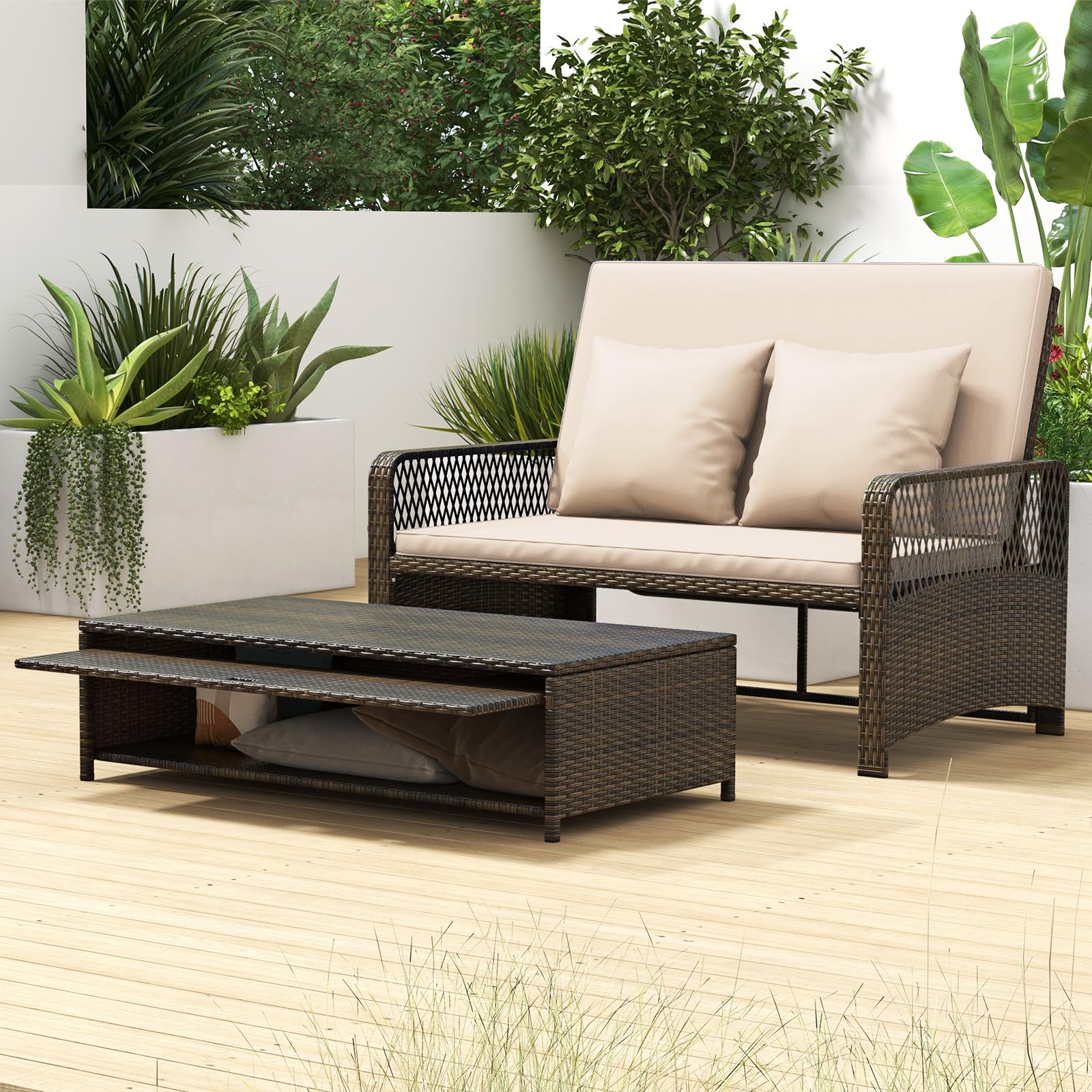 Patio Adjustable Wicker Daybed, Rattan Loveseat & Storage Ottoman w/ 4-Level Backrest
