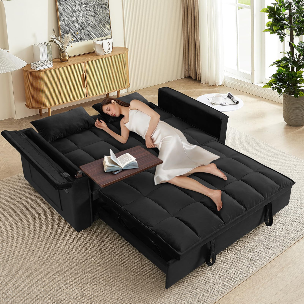 3-in-1 Convertible Pull Out Sofa Bed with USB Charging - Tufted Velvet Loveseat Sleeper Couch