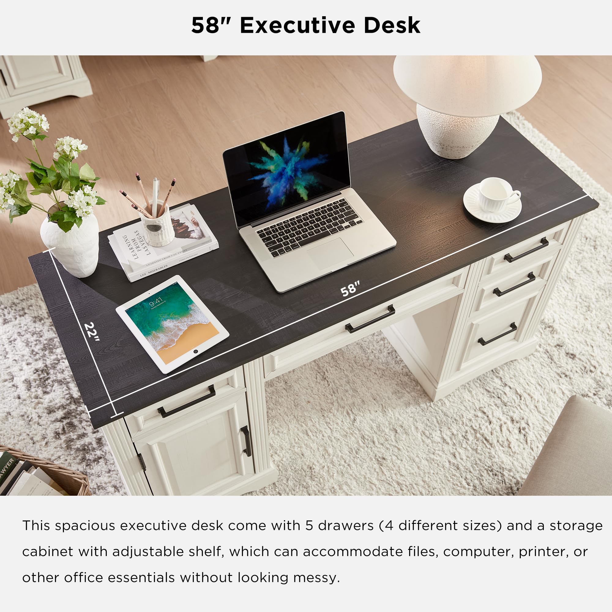 JXQTLINGMU 58 Inch Large Computer Desk with Drawers, Embossed Texture Home Office Desk, Workspace for Work Study Writing, White