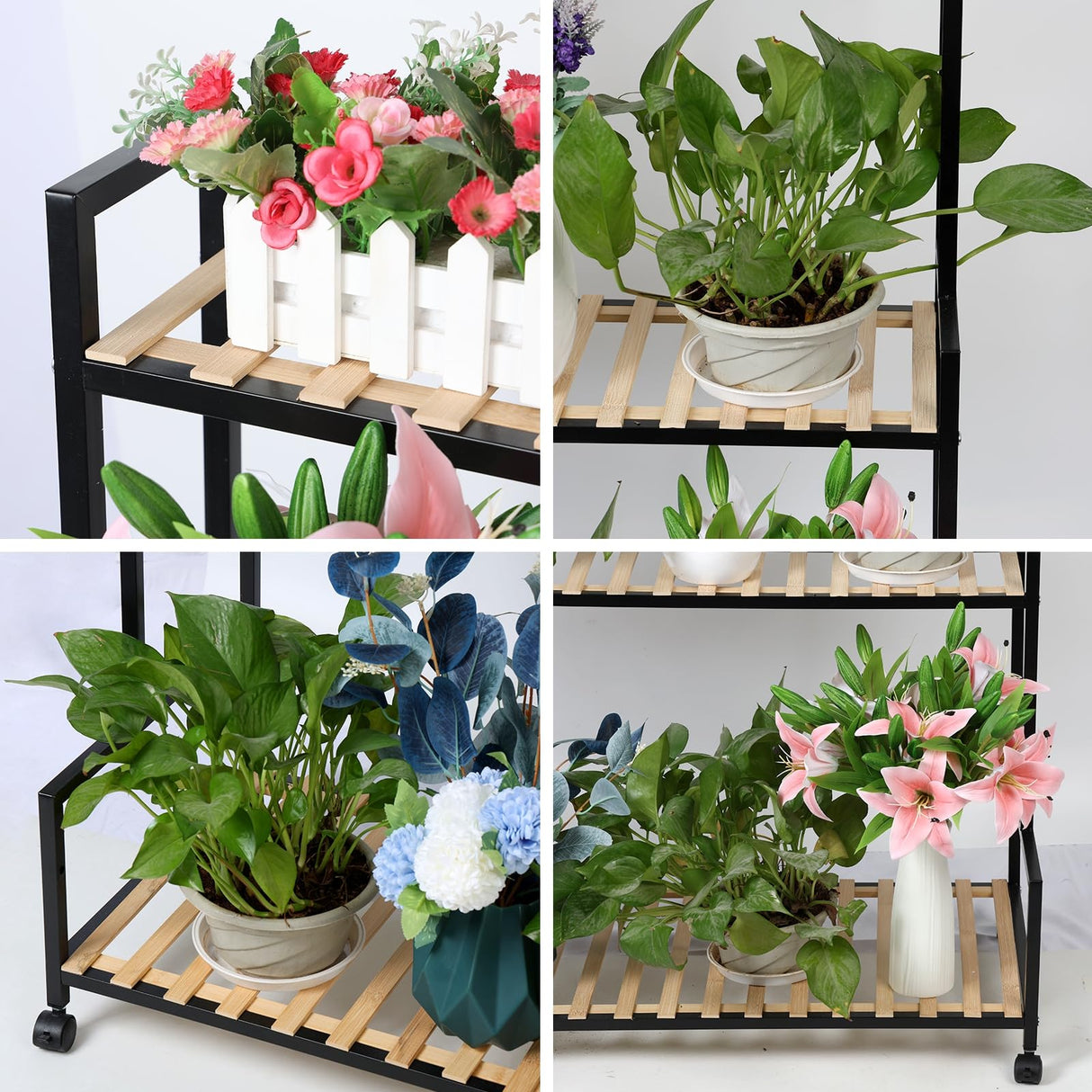 Rolling Rustic Plant Stand, 3 Tier Heavy Duty Metal Plant Shelf with Wheels Flower Plant Holder Shelves Rack with Pine Wood for Multiple Plants Indoor Home Outdoor Patio Balcony Yard Garden Black