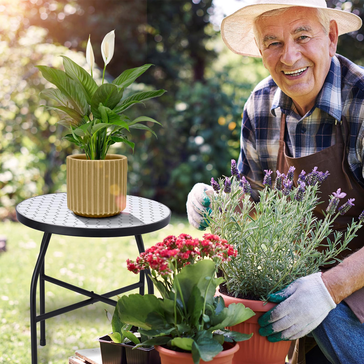 VCUTEKA Mosaic Outdoor Side Table - Small Patio Table Coffee Outside Accent Tables Round End Plant Tables for Bistro Balcony Porch Outdoor Benches 14'' White - Bircata