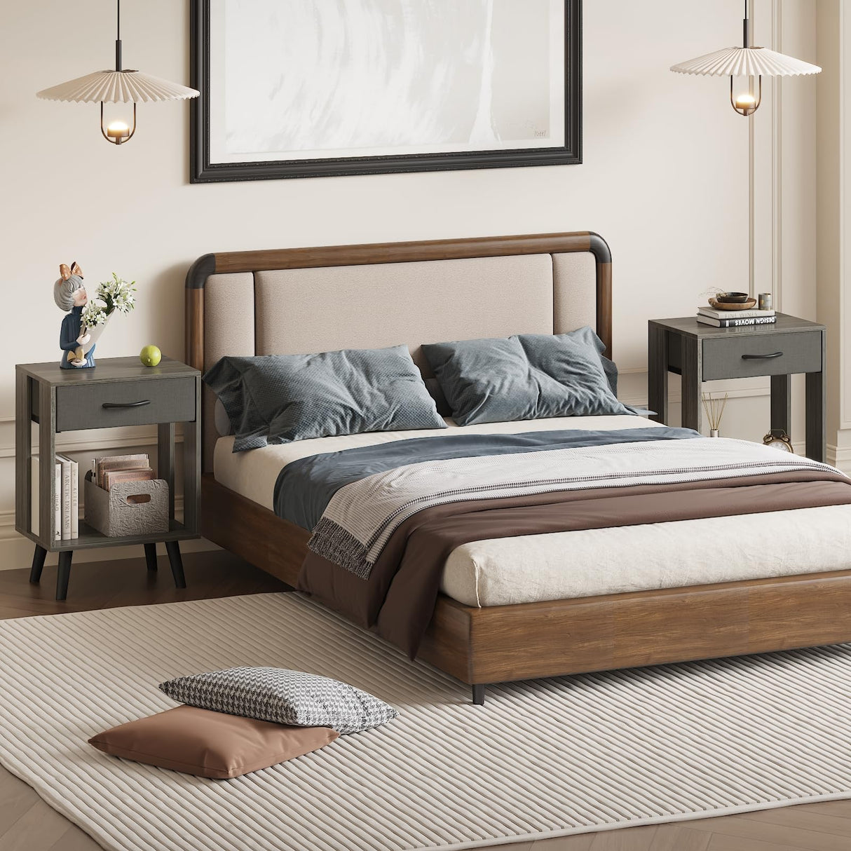 Nightstand Set of 2 with Fabric Drawers and Open Shelves - Gray Bedroom