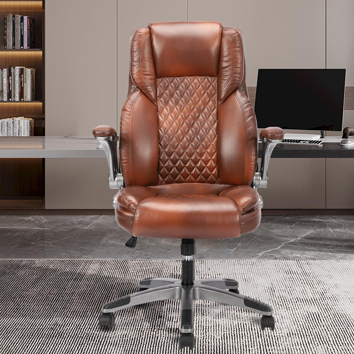 Brown Leather Office Chair with Flip up Arms, High Back Ergonomic Executive Office