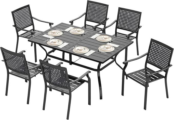 Round Patio Table and Chairs Set, Outdoor Dining Set for 6, 7 Piece Metal Patio Furniture