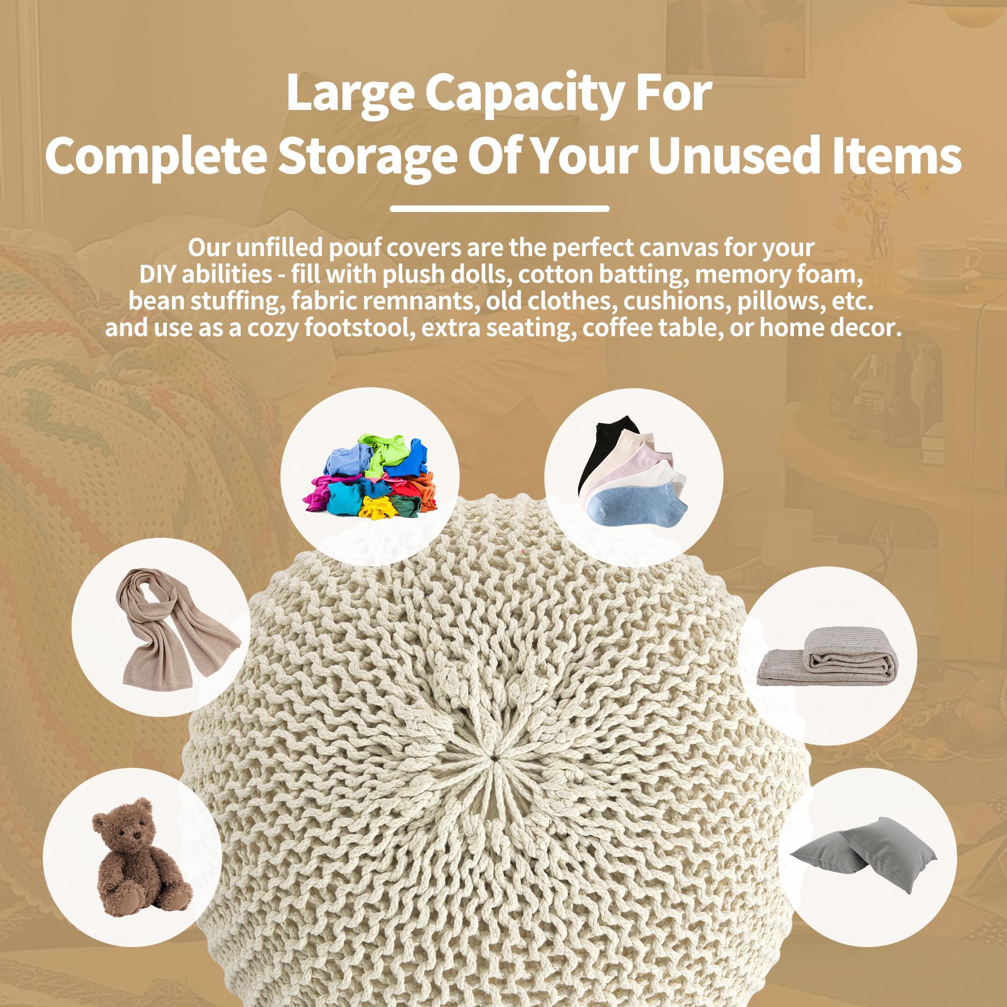 Unstuffed Ottoman Pouf Cover, 100% Cotton Handmade Knitted Ottoman Pouf