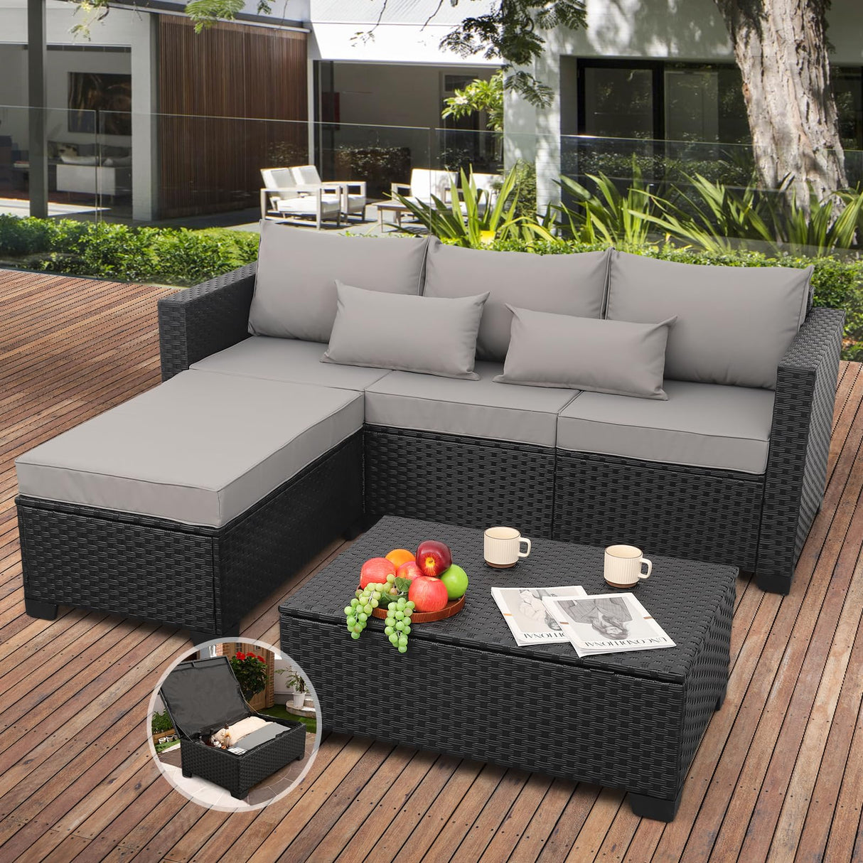 Outdoor Patio Sofa Set PE Wicker Rattan Sectional Conversation Sofa