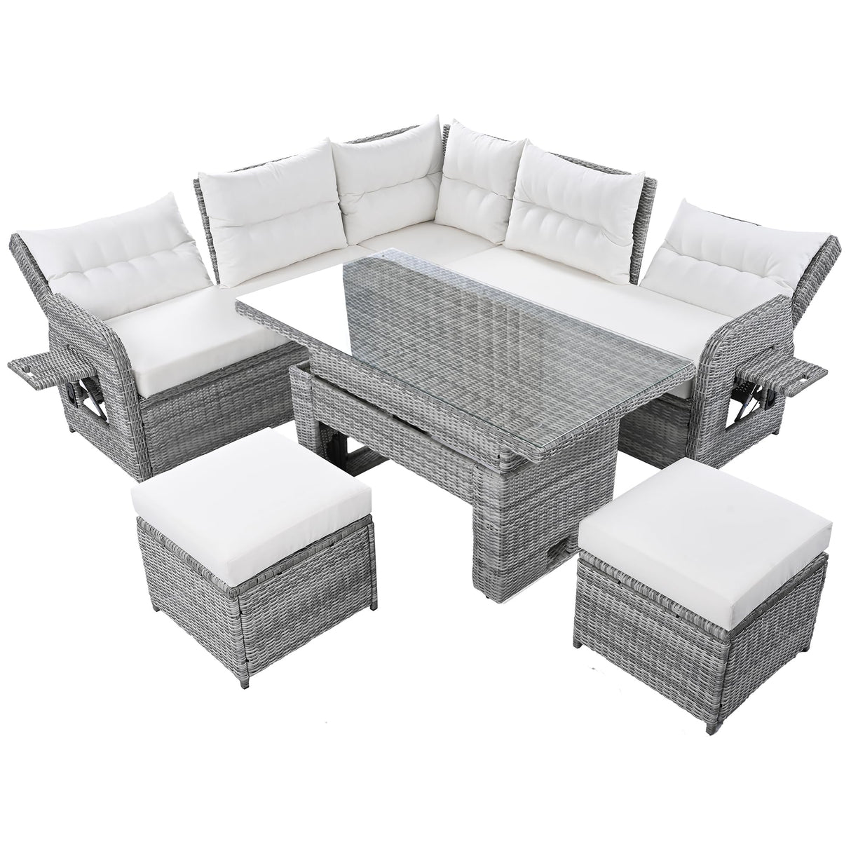 Patio Rattan Sectional Sofa Set with Adjustable Table