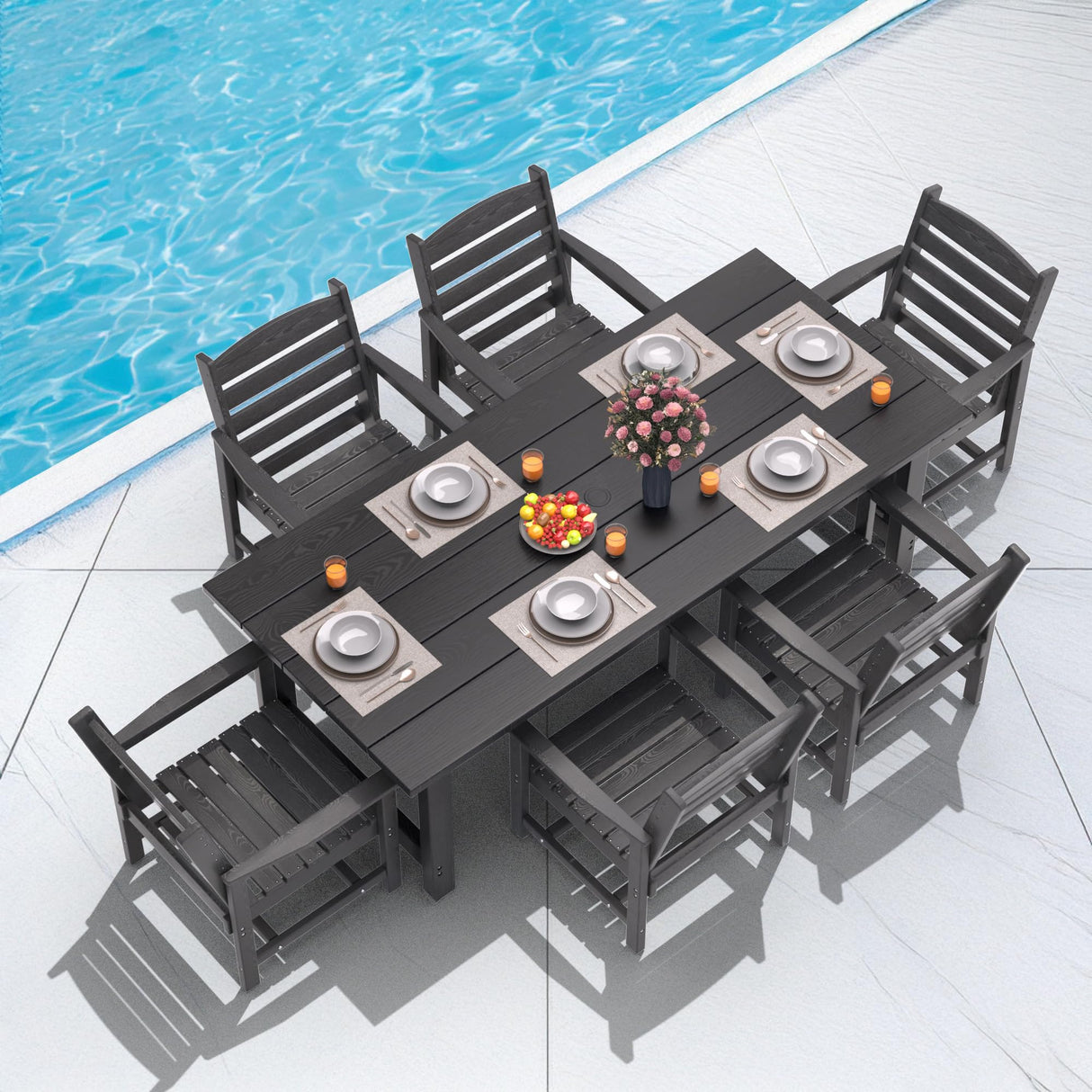 7 Piece HDPE Patio Furniture Set for 6, Dining Table and Chairs, Outdoor Table