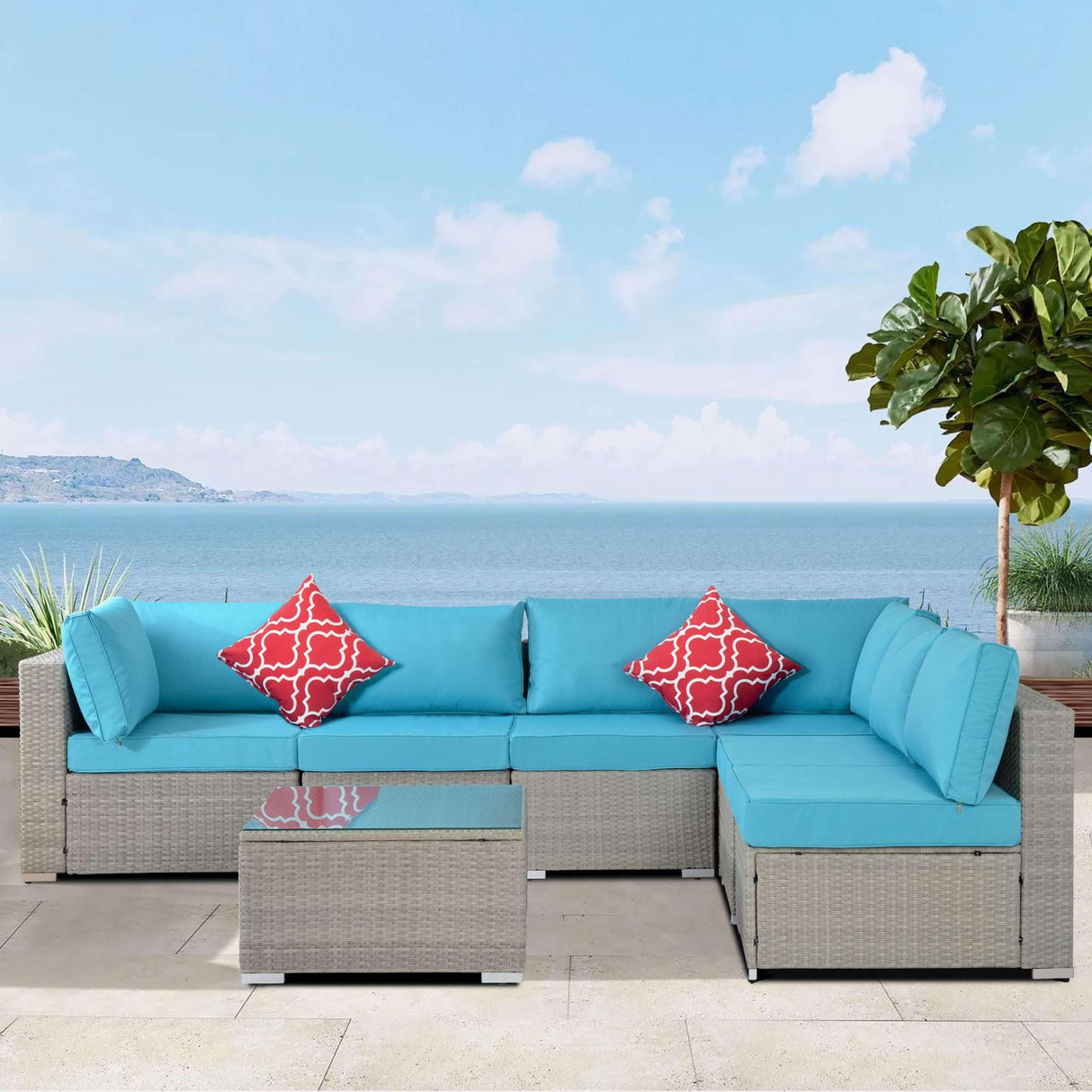 Outdoor Patio Furniture Set 7 Piece Wicker Sectional Sofa Set with Cushions and 2 Pillows