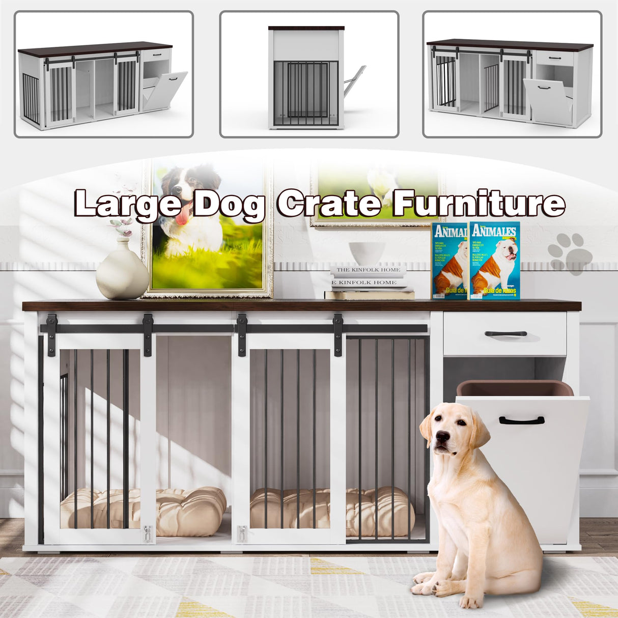 Large Dog Crate Furniture - 71 Inch Wooden Double Crate with Storage