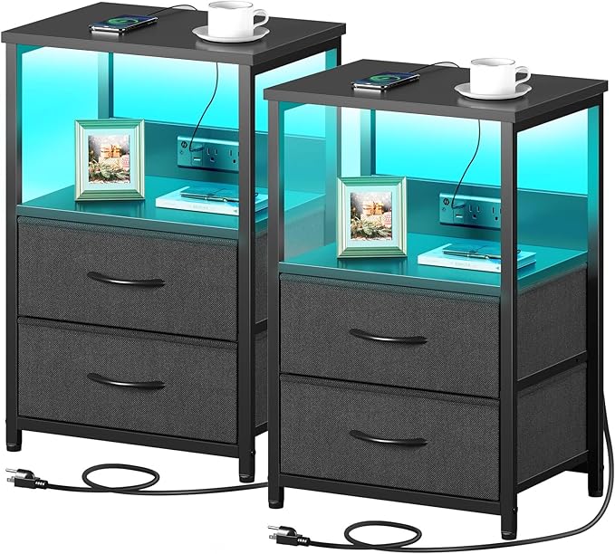 Nightstand Set of 1/2 with Charging Station, Bedside Table with LED Lights