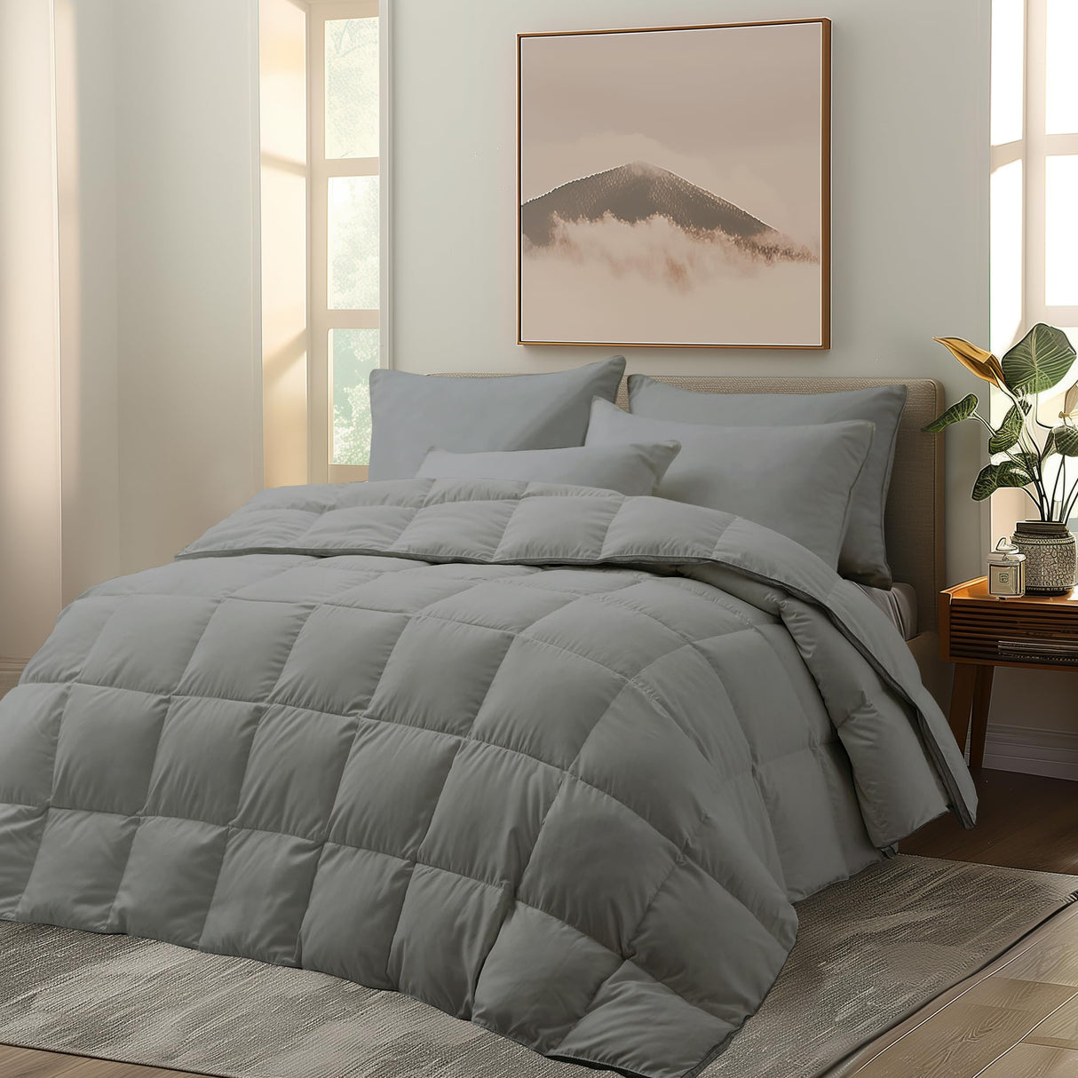 Grey Goose Feather Comforter Full/Queen Size, All Season Duvet Insert, Gusseted Design Ultra-Soft Noiseless Shell Medium