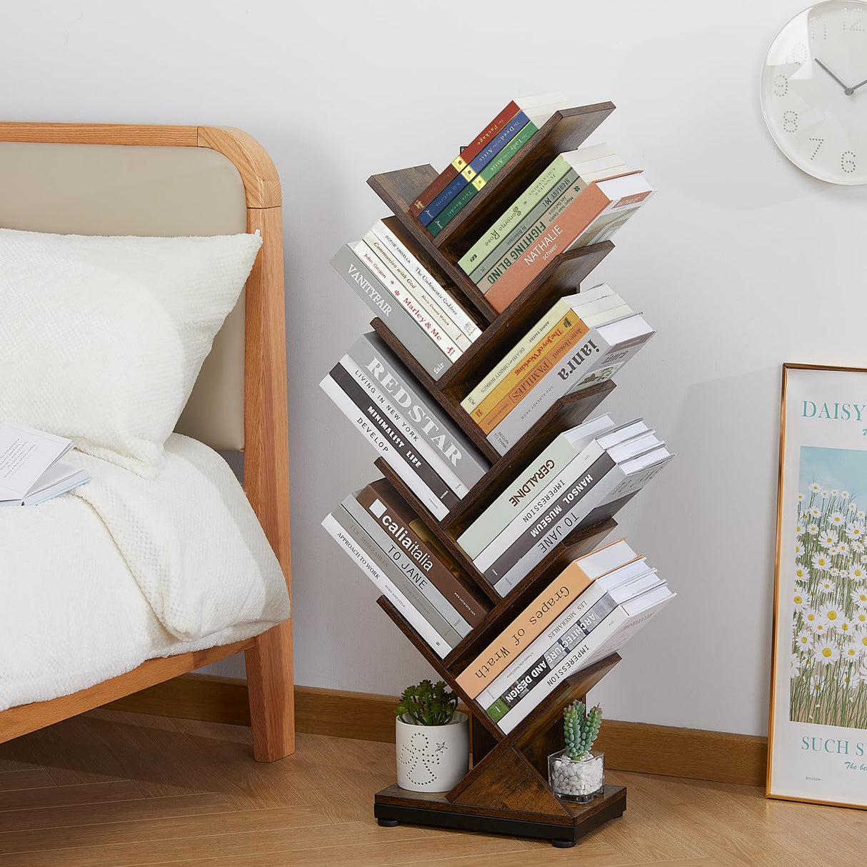 9-Shelf Tree Bookshelf, 38.4-Inch Retro Floor Standing Bookcase Display for CDs/Magazine/Books