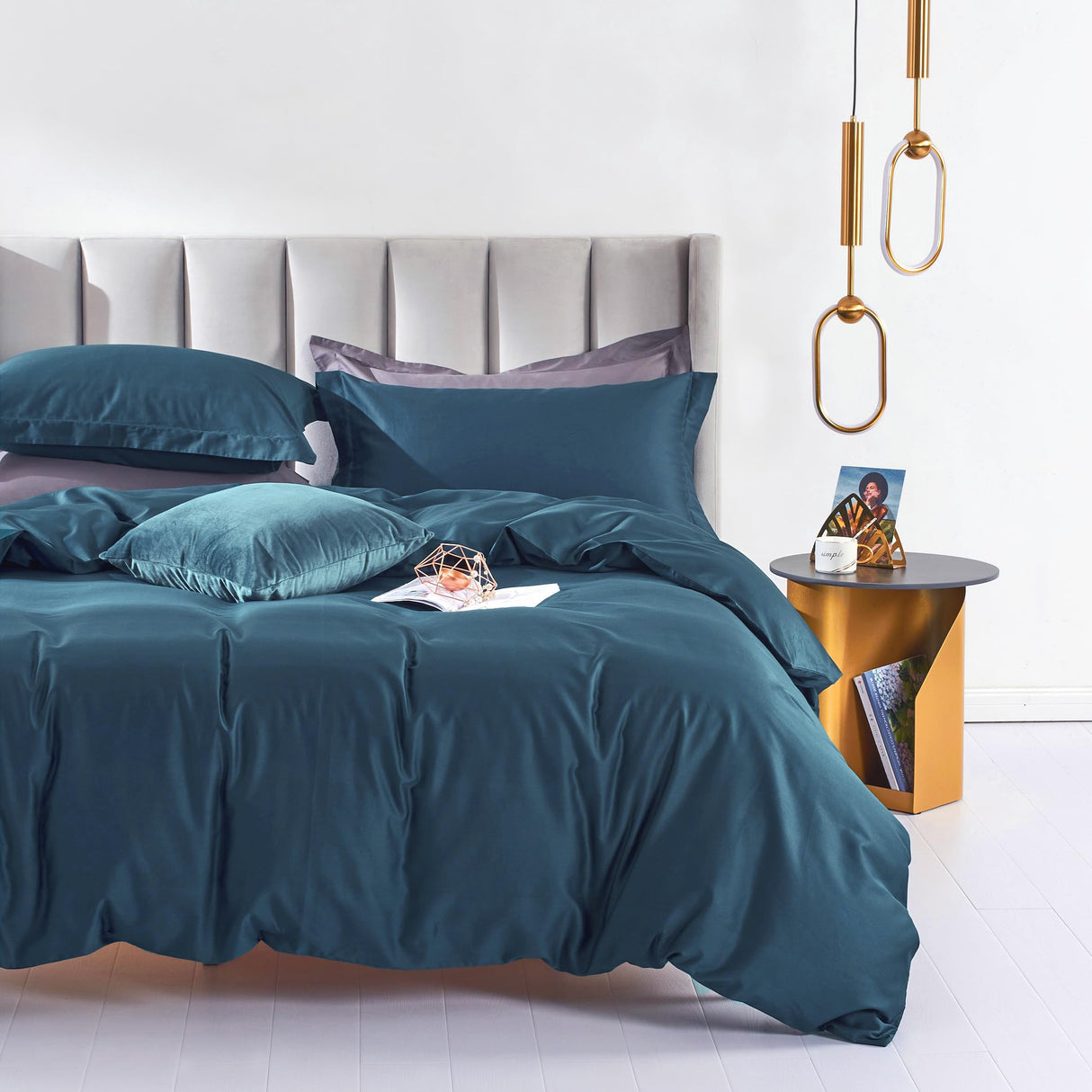 Queen Duvet Cover Set Peacock Blue 100% Long-Staple Cotton Sateen Weave Luxury