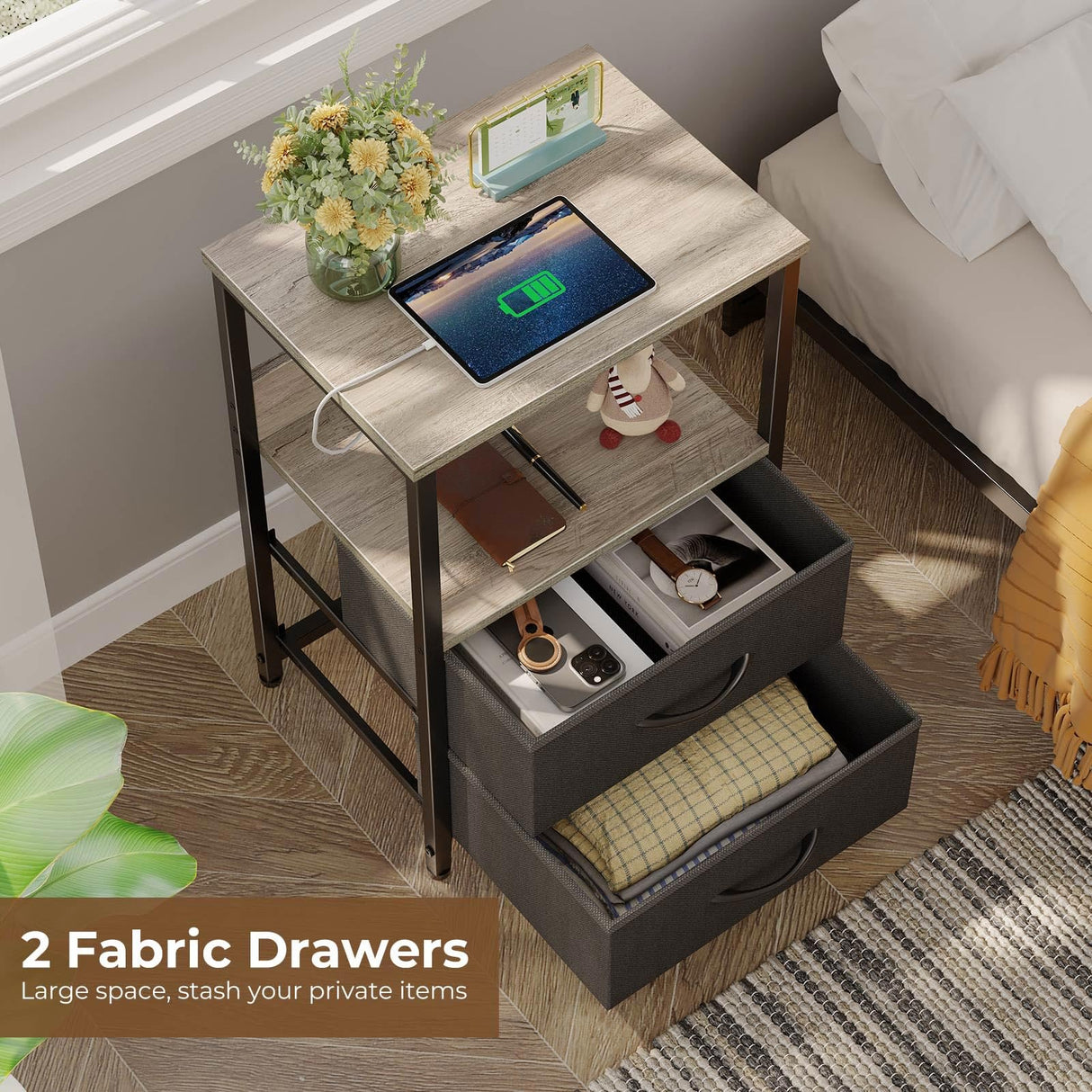 Nightstand Set of 1/2 with Charging Station, Bedside Table with LED Lights