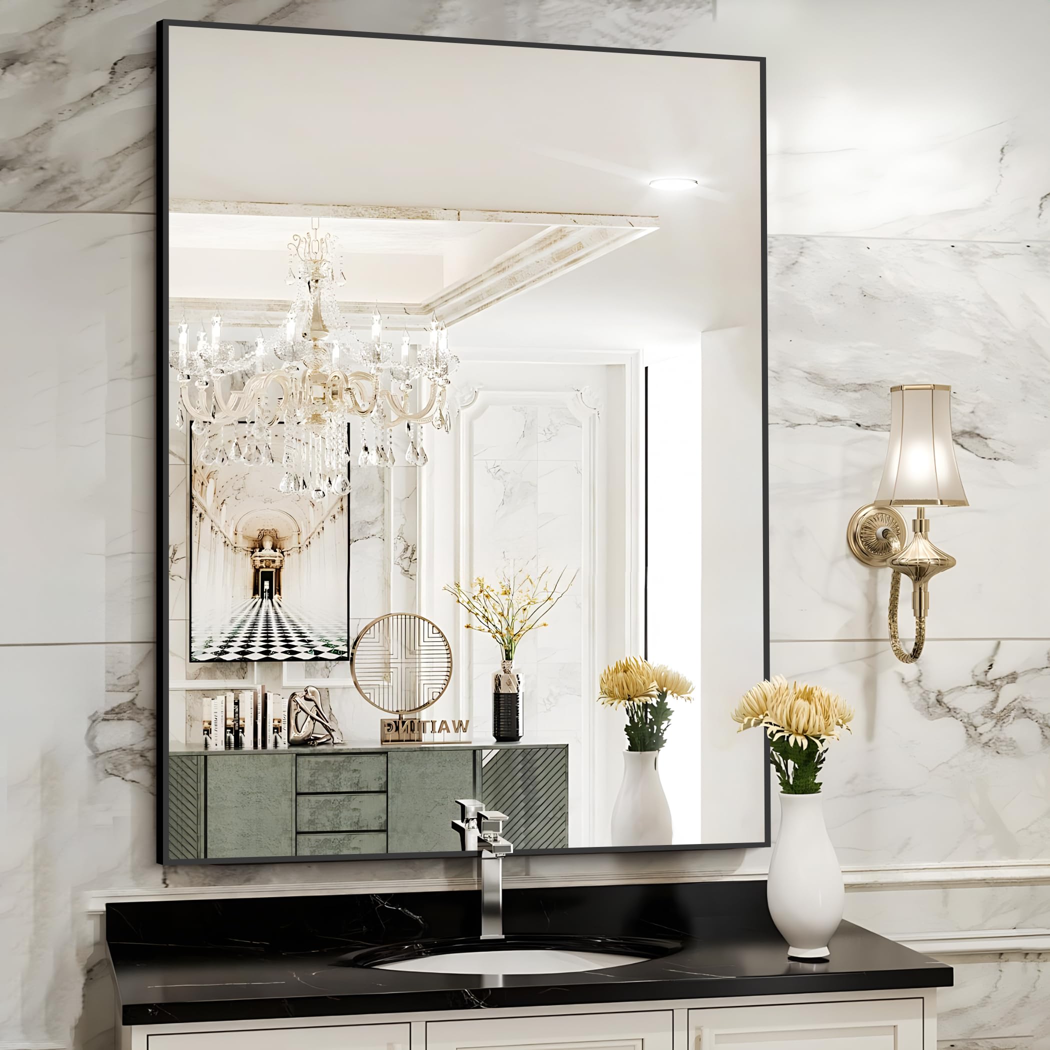48x32 Mirror Bathroom, Black Rectangle Mirrors with Metal Frame